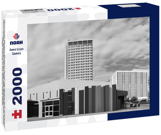 Noah Jigsaw Puzzle Panoramic Modern Midland Texas city skyline and downtown skyscrapers, dramatic cloudscape with American and Texas Flags waving in the wind in black white 2000 pieces