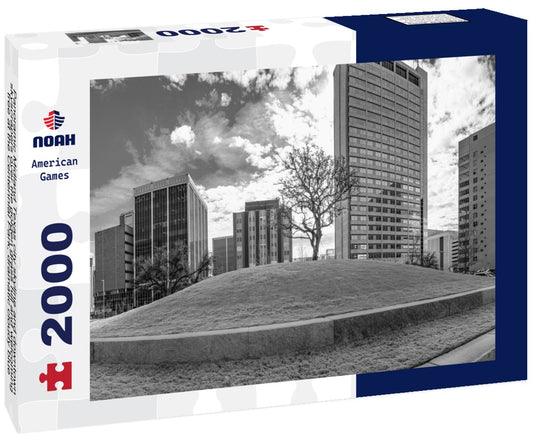 Noah Jigsaw Puzzle Panoramic Midland Texas city skyline and downtown skyscrapers over the golden grass hill and welcoming tree at the Centennial Park, dramatic cloudy blue sky backgrounds in black white 2000 pieces
