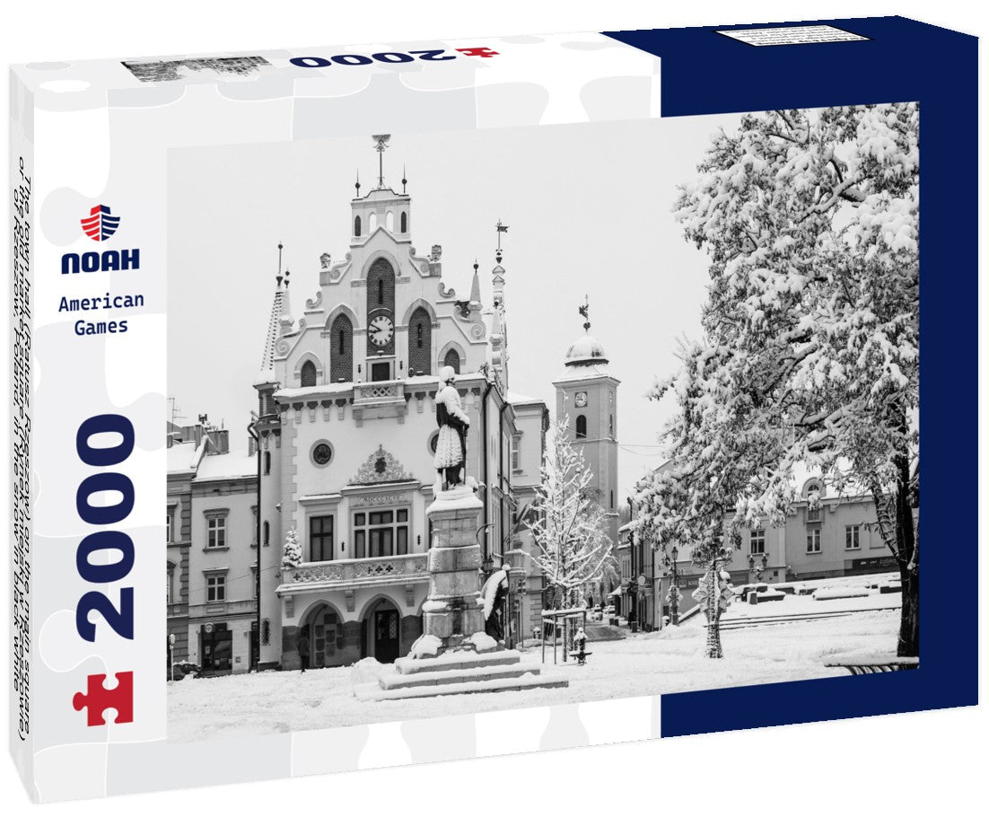 Noah Jigsaw Puzzle The town hall (Ratusz Rzeszow) on the main square, or the old market square (Rynek miejski w Rzeszowie), of Rzeszow, Poland, in the snow in black white 2000 pieces