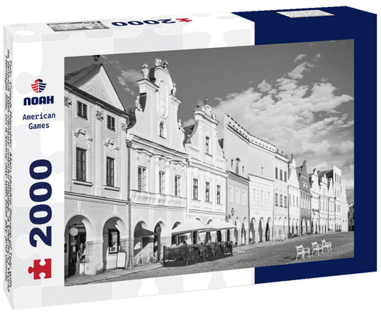 Noah Jigsaw Puzzle Telc, Czech Republic. Main Hradce Square of Telc with its famous 16th-century colorful houses, a UNESCO World Heritage Site, on a sunny day with blue sky and clouds, historical Moravia in black white 2000 pieces