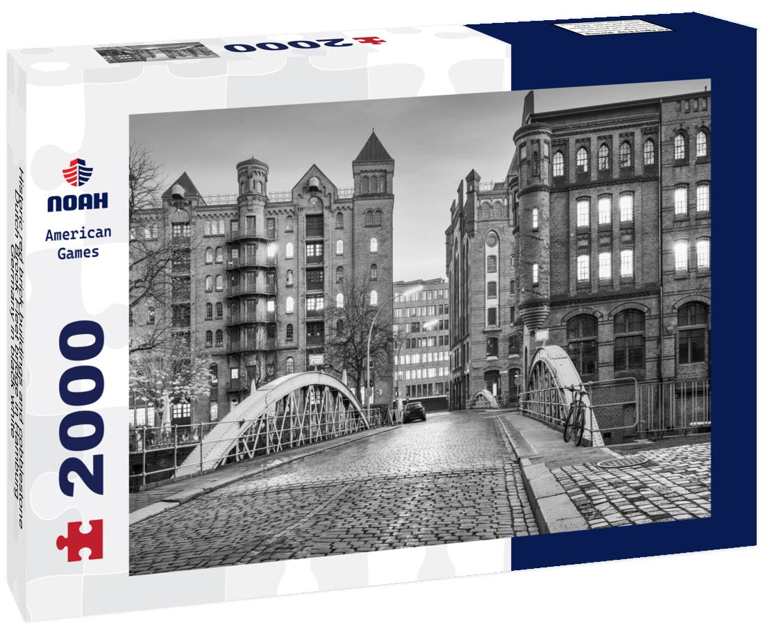 Noah Jigsaw Puzzle Historic red brick buildings and cobblestone Dutch Brook Fleet bridge in Hamburg, Germany in black white 2000 pieces
