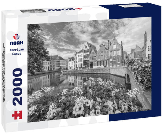 Noah Jigsaw Puzzle Bruges Belgium, city skyline at the Spiegelrei Canal with summer flowers in black white 2000 pieces