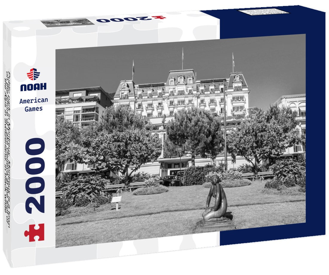 Noah Jigsaw Puzzle Public park in Montreux. Montreux is a town on the shore of Lake Geneva at the foot of the Alps in Switzerland. in black white 2000 pieces