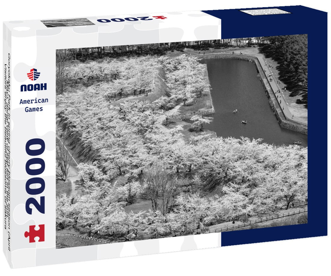 Noah Jigsaw Puzzle Goryokaku Park in spring cherry blossom season (April, May), aerial view of star fort in the sun. Visitors enjoy the beautiful blossoms of sakura in Hakdat town, Hokkaido, Japan in black white 2000 pieces