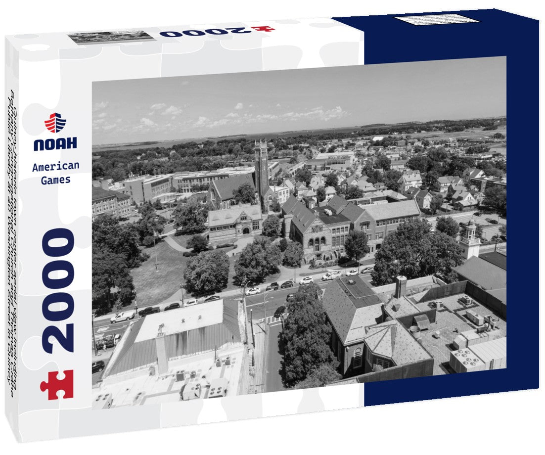 Quincy historic town center aerial view including Bethany Congregational Church and Thomas Crane Public Library at 40 Washington Street in Quincy, Massachusetts MA, USA 2000pc PuzzleBlack and White