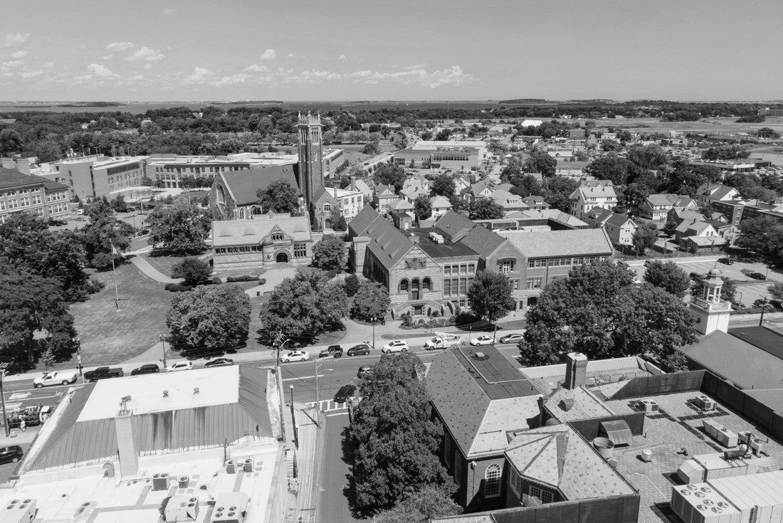 Quincy historic town center aerial view including Bethany Congregational Church and Thomas Crane Public Library at 40 Washington Street in Quincy, Massachusetts MA, USA 2000pc PuzzleBlack and White