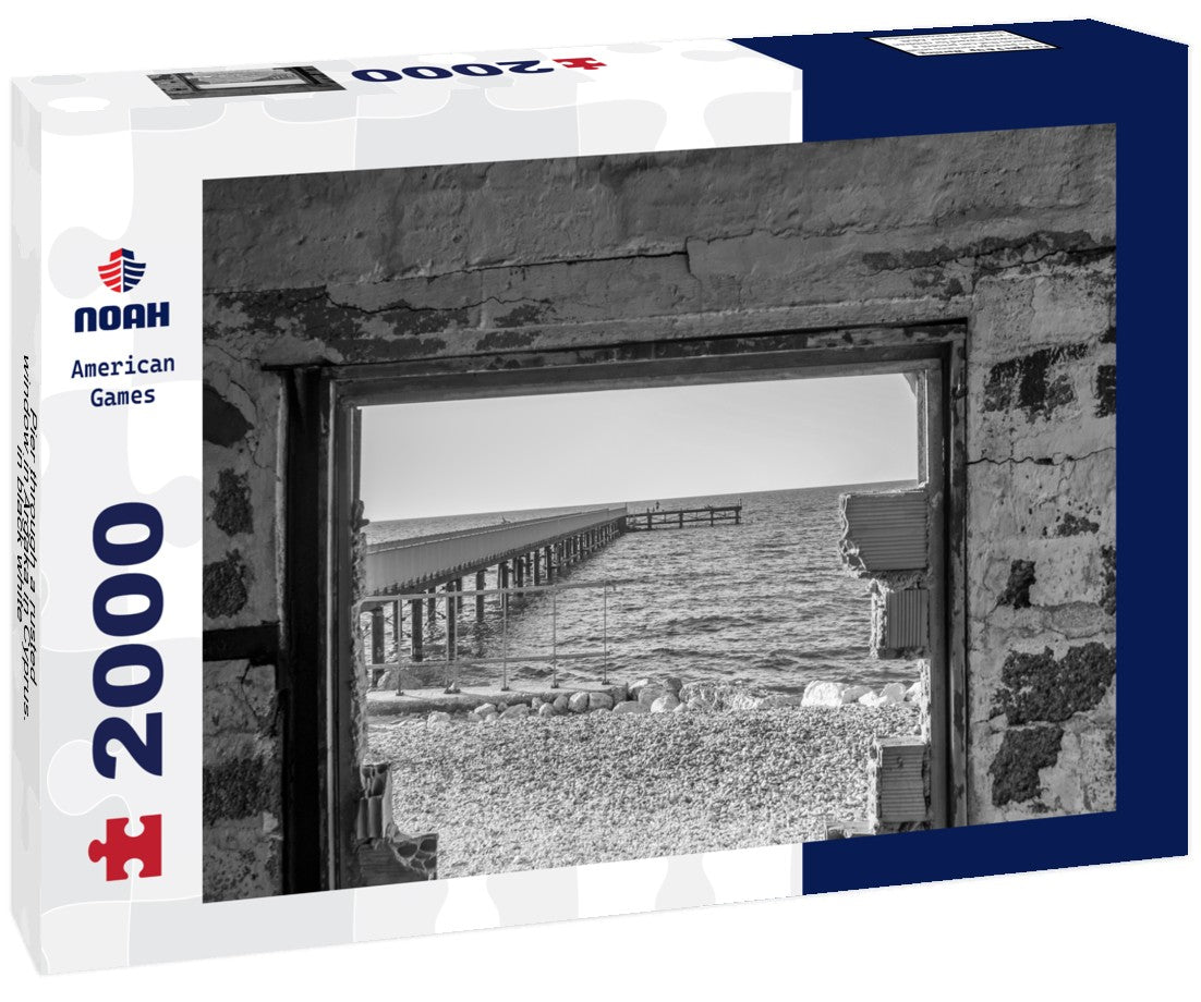 Noah Jigsaw Puzzle Pier through a rusted window in Argaka in Cyprus. in black white 2000 pieces