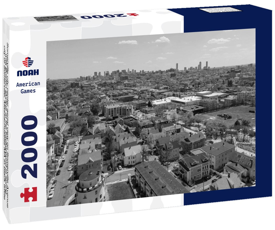 Noah Jigsaw Puzzle Somerville city center aerial view on Somerville Avenue with Boston skyline at the background in spring, city of Somerville, Massachusetts MA in black white 2000 pieces