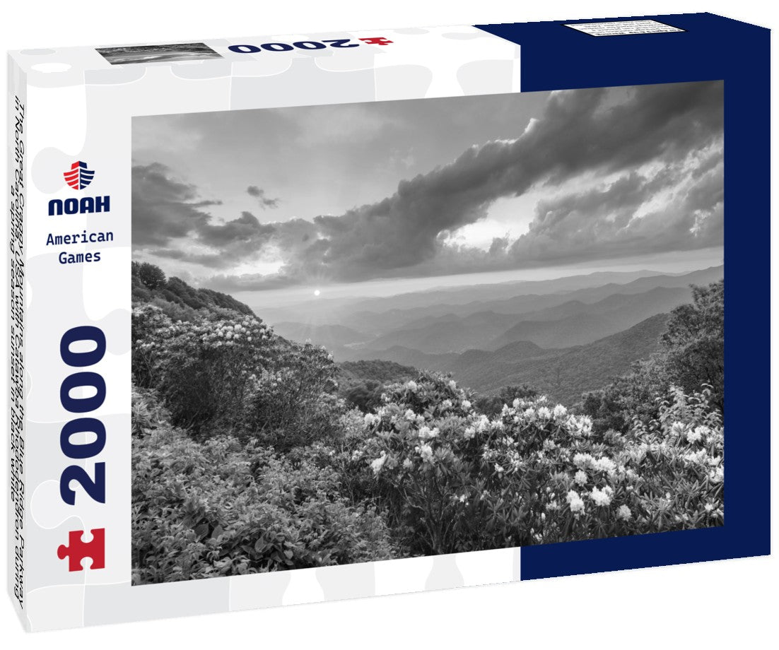 Noah Jigsaw Puzzle The Great Craggy Mountains along the Blue Ridge Parkway in North Carolina, USA with Catawba Rhododendron during a spring season sunset in black white 2000 pieces