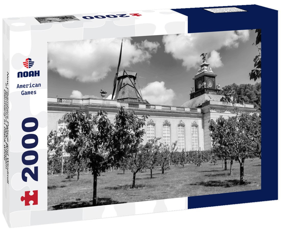 Noah Jigsaw Puzzle New Chambers Palace and Windmill in Sanssouci Park, Potsdam, Germany in black white 2000 pieces