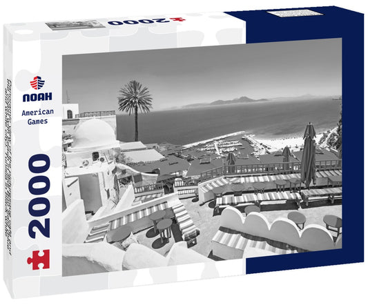 Noah Jigsaw Puzzle Panoramic view of the picturesque café and the coast with beach in Sidi Bou Said (blue and white city). Tunisia in black white 2000 pieces