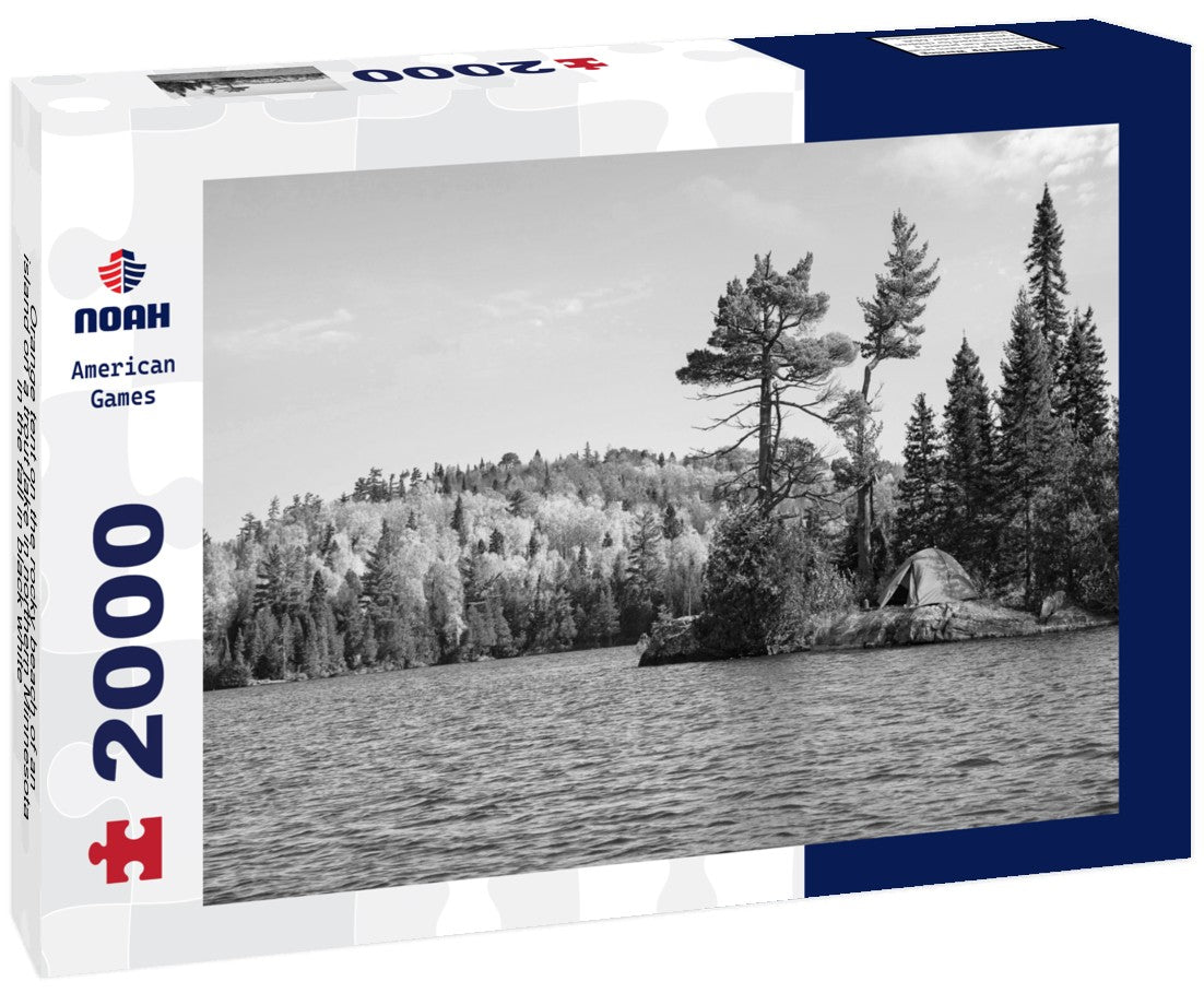 Noah Jigsaw Puzzle Orange tent on the rocky beach of an island on a trout lake in northern Minnesota in the fall in black white 2000 pieces