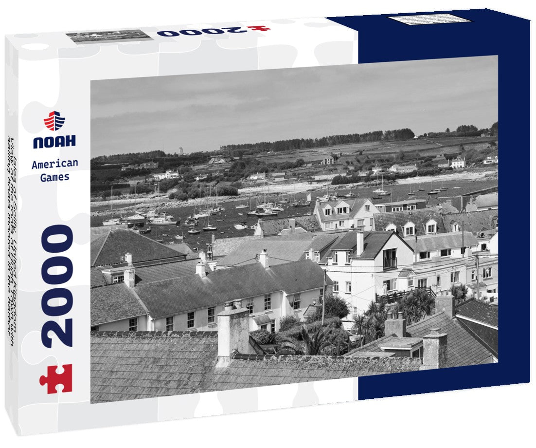 Noah Jigsaw Puzzle Isles of Scilly, United Kingdom - View of the roofs of Hugh Town with sailing boats moored in the harbor in the background in black white 2000 pieces