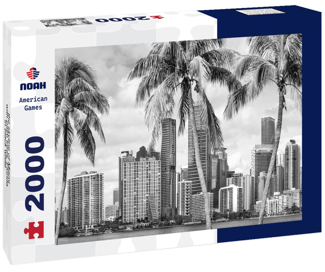 Noah Jigsaw Puzzle the skyline of Miami with palm trees, Florida in black white 2000 pieces