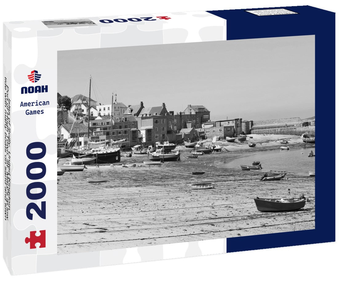 Noah Jigsaw Puzzle Isles of Scilly, United Kingdom - Port of Hugh Town, St. Mary's at low tide with many boats on sand and town in the background in black white 2000 pieces