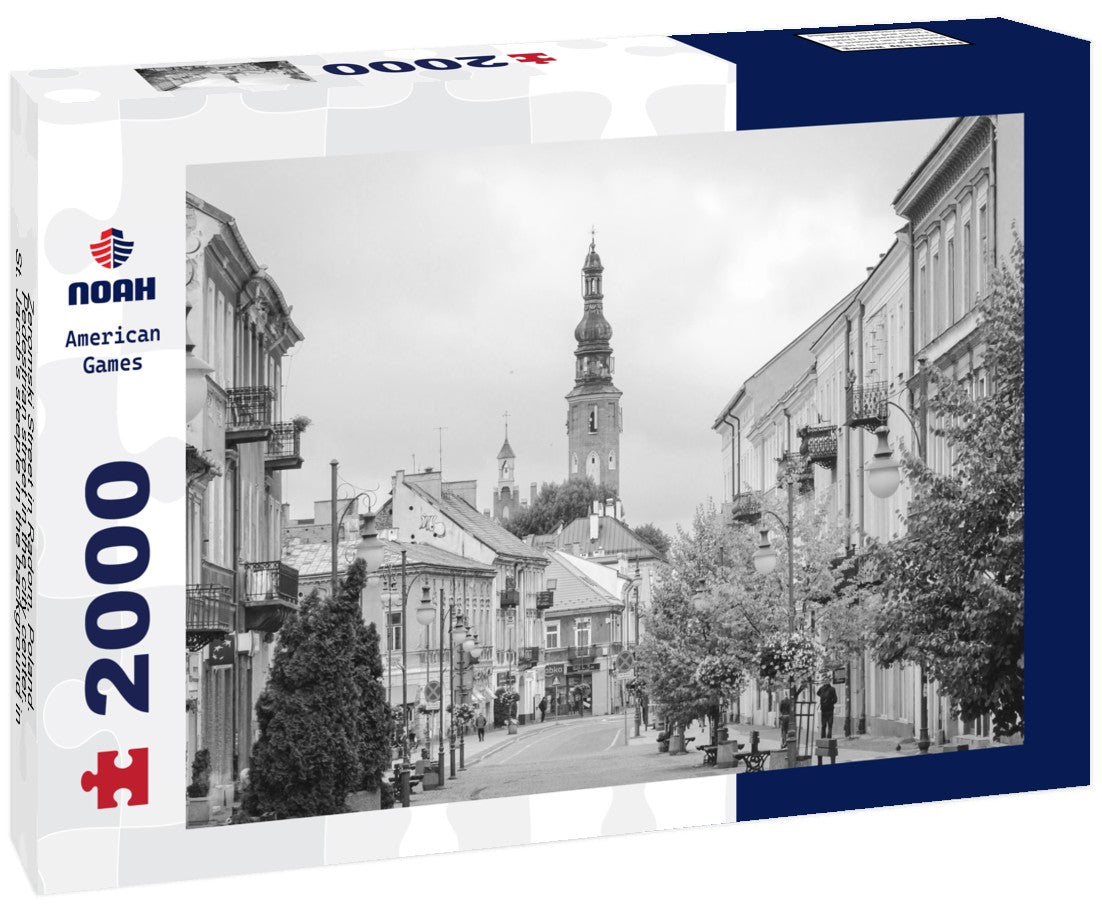 Noah Jigsaw Puzzle Zeromski Street in Radom, Poland. Pedestrian street in the city center. St. Jacob's steeple in the background in black white 2000 pieces