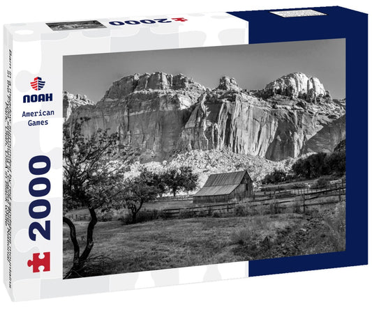 Noah Jigsaw Puzzle Barn in a meadow surrounded by red sandstone mountains in the Fruita settlement in Capitol Reef National Park, Utah, USA in black white 2000 pieces