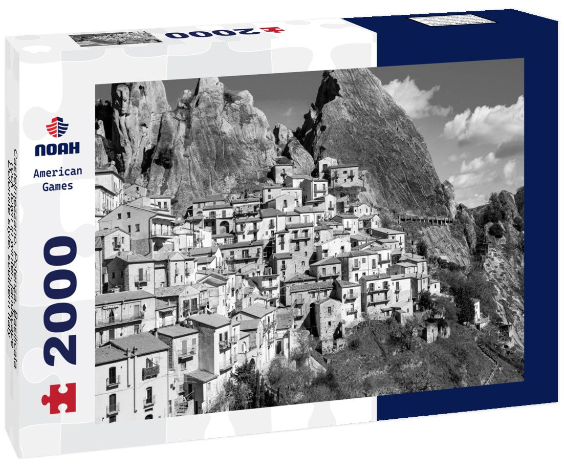 Noah Jigsaw Puzzle Castelmezzano, Potenza, Basilicata, rock town in winter, landscape, Dolomite style, southern Italy in black white 2000 pieces