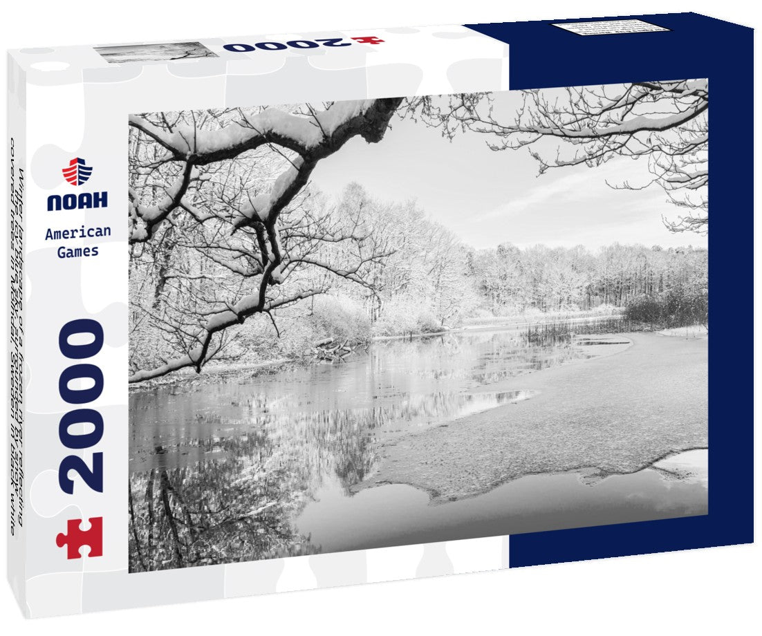 Noah Jigsaw Puzzle Winter landscape of a frozen river reflecting the icy blue sky, surrounded by snow-covered trees in Mölndal, Sweden in black white 2000 pieces
