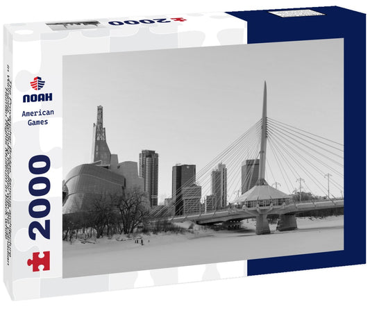 Noah Jigsaw Puzzle The Provencher Bridge, famous architecture in Winnipeg, Manitoba together with the Canadian Human Rights Museum in black white 2000 pieces