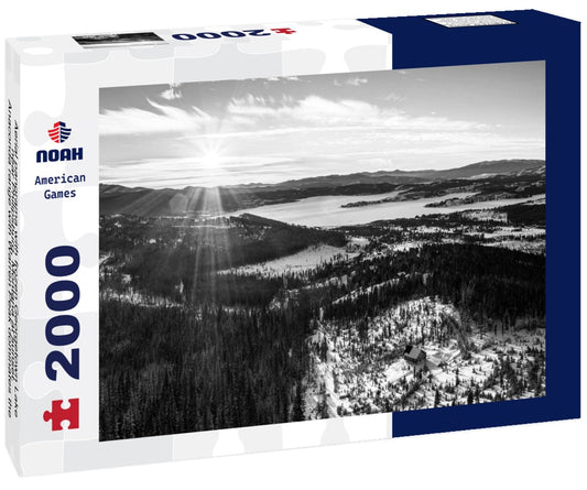 Noah Jigsaw Puzzle Aerial panorama with frozen Georgetown Lake, near Philipsburg, Montana at sunset. Anaconda range with Warren Peak dominates the background of the winterly landscape in black white 2000 pieces