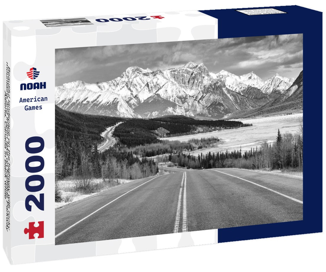 Noah Jigsaw Puzzle Beautiful landscape on the highway with rocky mountains and frozen lake on Icefields Parkway, Alberta, Canada in black white 2000 pieces