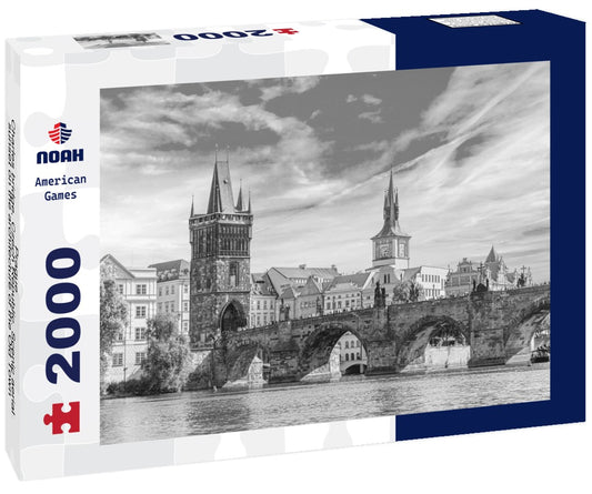 Noah Jigsaw Puzzle Prague - Charles bridge, Czech Republic. Scenic aerial sunset on the architecture of the Old Town Pier and Charles Bridge over the Vltava River in Prague, Czech Republic in black white 2000 pieces
