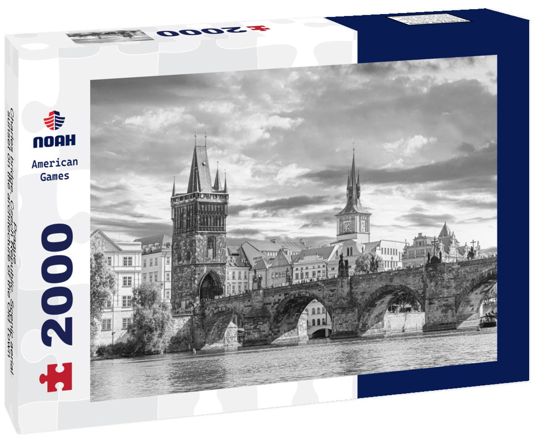 Noah Jigsaw Puzzle Prague - Charles bridge, Czech Republic. Scenic aerial sunset on the architecture of the Old Town Pier and Charles Bridge over the Vltava River in Prague, Czech Republic in black white 2000 pieces