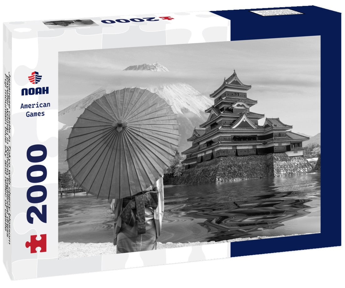 Noah Jigsaw Puzzle Japanese castle in Tokyo with cherry blossom, traveller woman in Kimono traditional dress, Fuji mountain blue sky and reflec of castle in river, Tokyo city, Japan in black white 2000 pieces