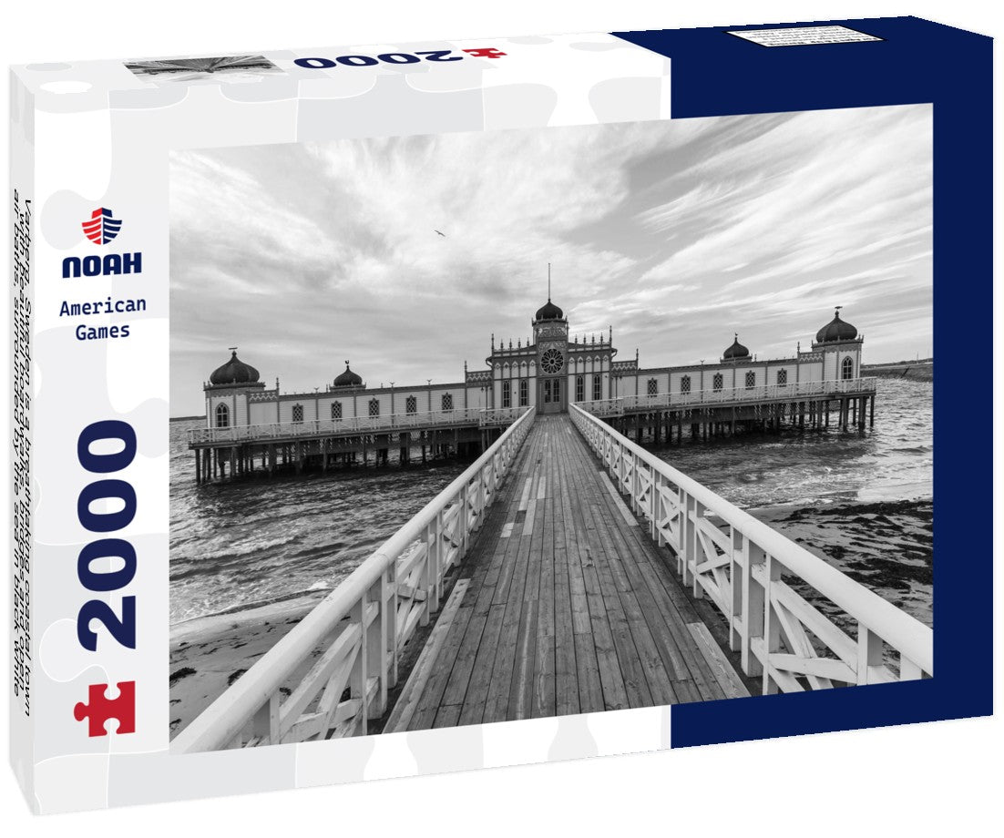 Noah Jigsaw Puzzle Varberg, Sweden is a breathtaking coastal town with beautiful boardwalks, bridges and open-air baths, surrounded by the sea in black white 2000 pieces