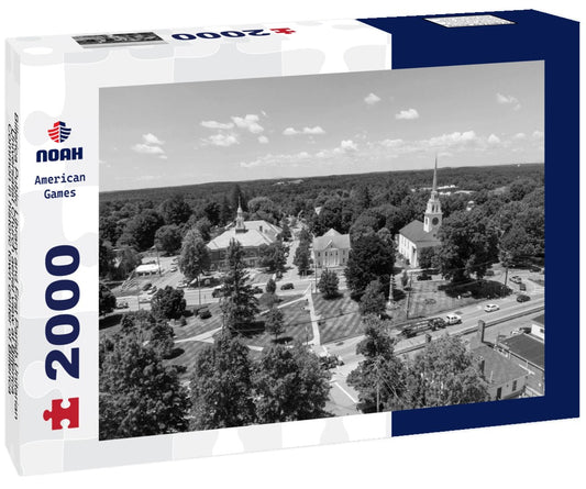 Noah Jigsaw Puzzle Billerica Public Library and First Parish Unitarian Universalist Church aerial view at Billerica Common in historic town center of Billerica, Massachusetts MA, USA in black white 2000 pieces
