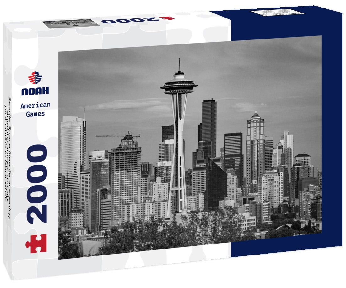 Noah Jigsaw Puzzle Seattle Space Needle at evening. Amazing sunset, red sky, pink clouds in black white 2000 pieces