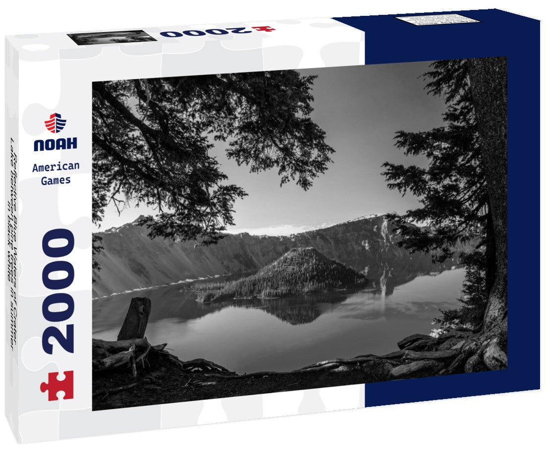 Noah Jigsaw Puzzle Reflective Blue Waters of Crater Lake between pine trees in summer in black white 2000 pieces