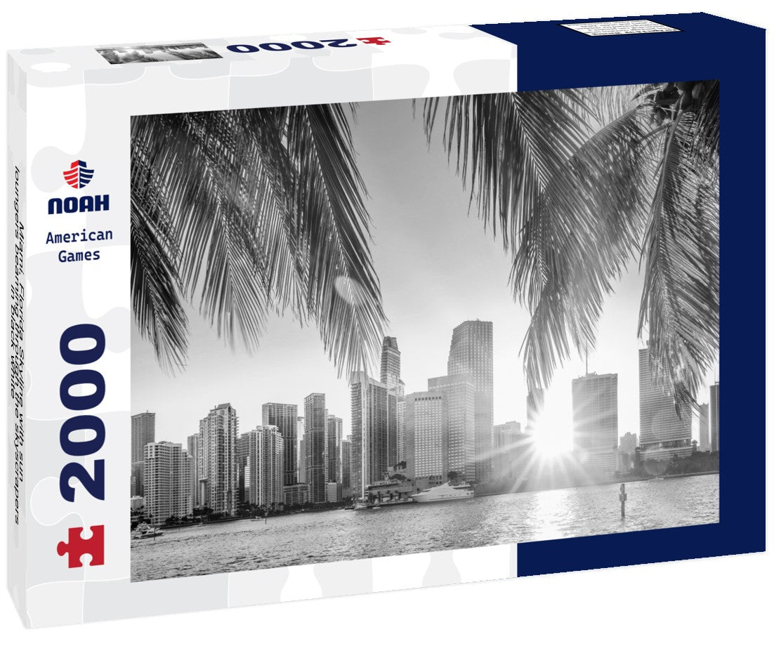 Noah Jigsaw Puzzle Miami, Florida Skyline with sun loungers beaming through the skyscrapers in black white 2000 pieces