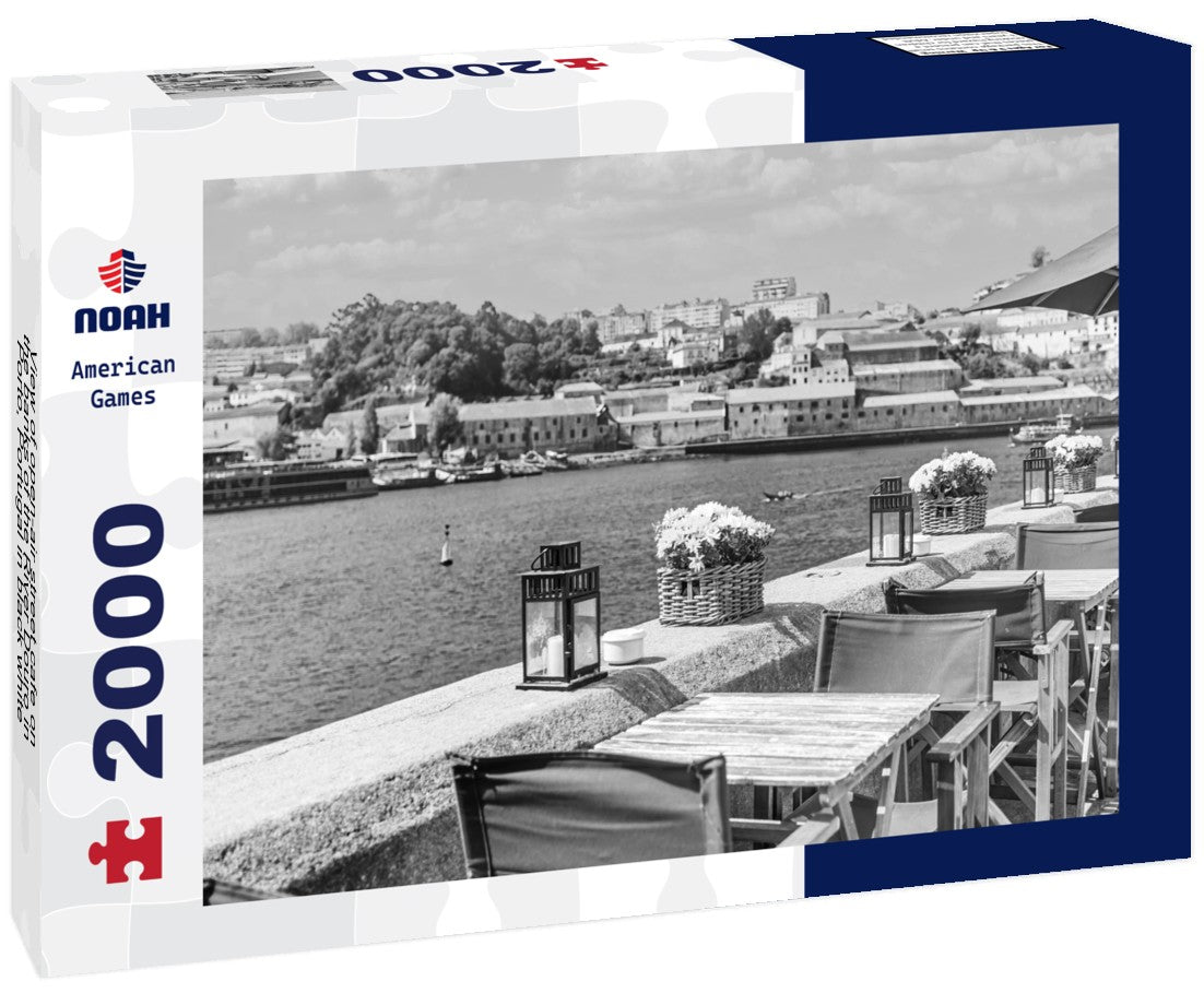 Noah Jigsaw Puzzle View of open-air street cafe on the banks of the River Douro in Porto, Portugal in black white 2000 pieces