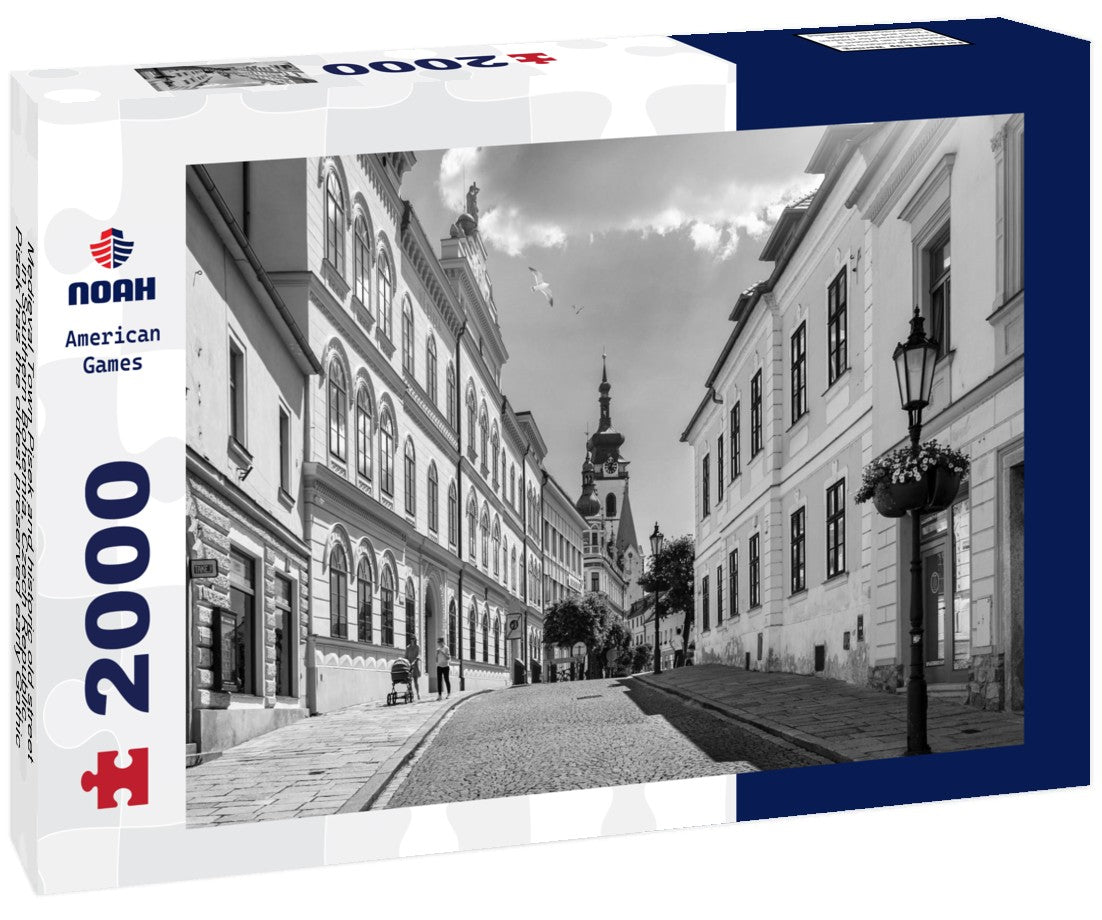 Noah Jigsaw Puzzle Medieval Town Pisek and historic old street in Southern Bohemia, Czech Republic. Pisek has the oldest preserved early Gothic bridge in the Czech republic in black white 2000 pieces