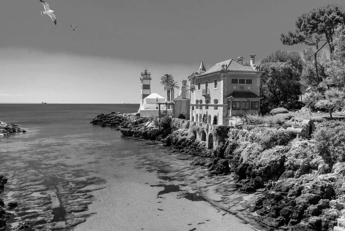 Santa Marta lighthouse and Municipal museum, Cascais, Lisbon, Portugal. Lighthouse Museum of Santa Marta in Cascais Portugal, as seen from Santa Marta Beach on a beautiful day. Cascais, Portugal 2000pc PuzzleBlack and White