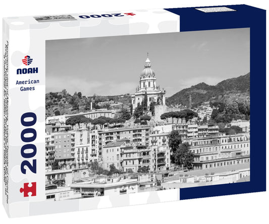 Noah Jigsaw Puzzle Panoramic view of Messina. Votive Temple of Christ the King or Tempio di Cristo Re on hill above the city as a memorial for Italian soldiers in black white 2000 pieces