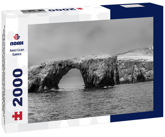 Noah Jigsaw Puzzle Anacapa Channel Islands National Park California coast with Arch rock and lighthouse and wildlife reserve and tourist attraction Ventura in black white 2000 pieces