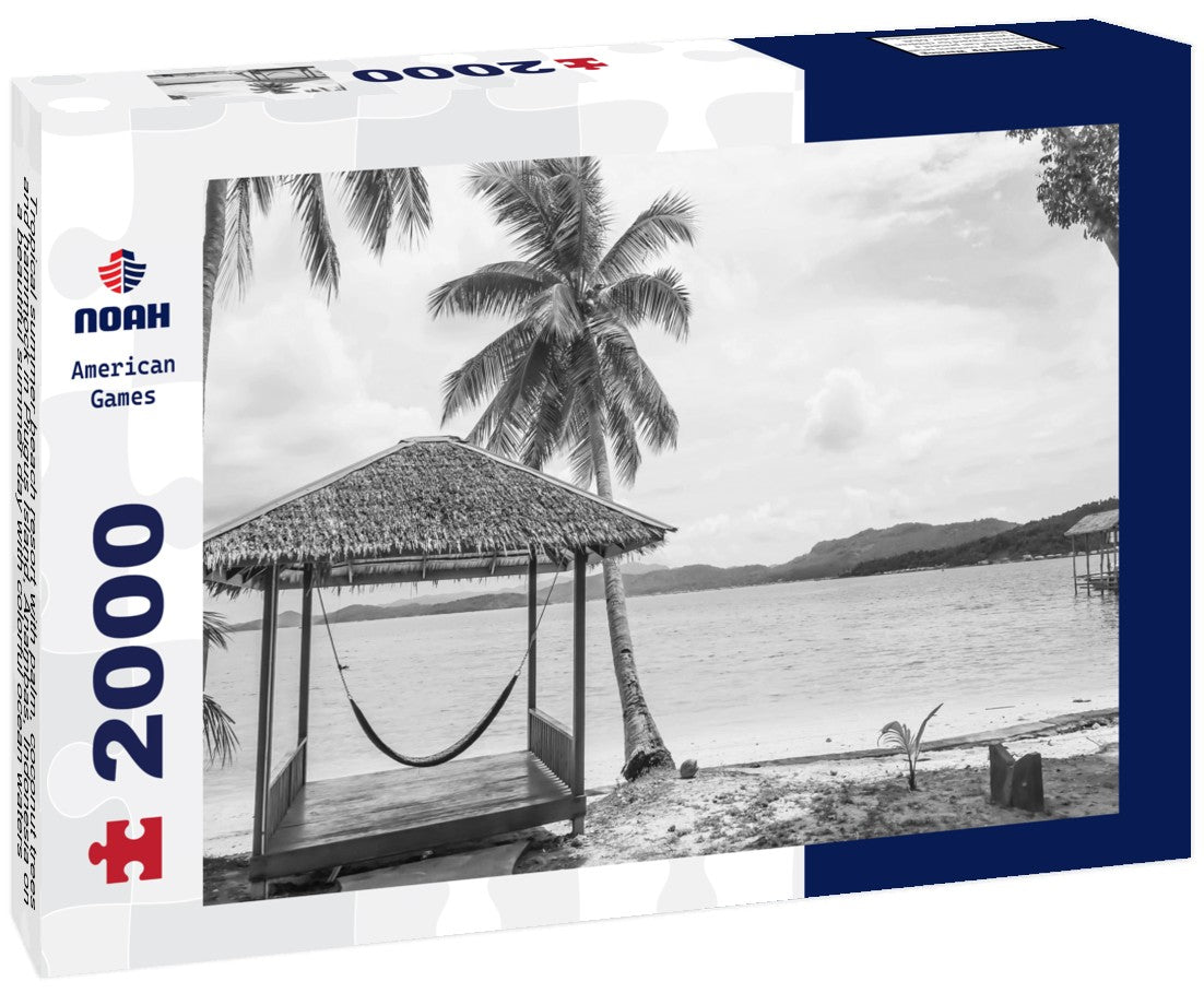 Tropical summer beach resort with palm, coconut trees, and hammock in Piugus Island, Anambas, Indonesia on a beautiful summer day with colorful ocean waters, pristine sands and cloudy sky. Copy space 2000pc PuzzleBlack and White