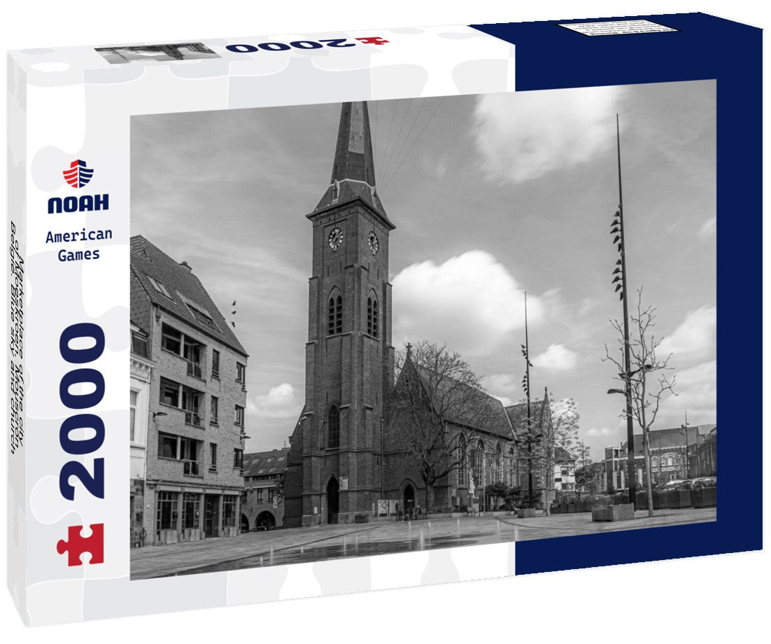 Noah Jigsaw Puzzle Marketplace of the city of Moeskroen, Mouscron België. Blue sky and church in black white 2000 pieces
