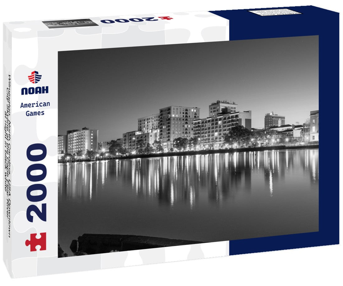 Noah Jigsaw Puzzle Wilmington, North Carolina, USA Downtown City Skyline at the Cape Fear River at night in black white 2000 pieces