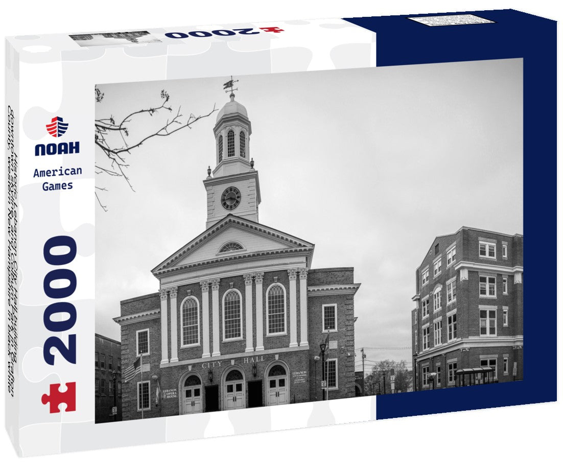 Noah Jigsaw Puzzle Historic Lebanon City Hall building, downtown skyline, and Colburn Park in Grafton County, western New Hampshire in black white 2000 pieces