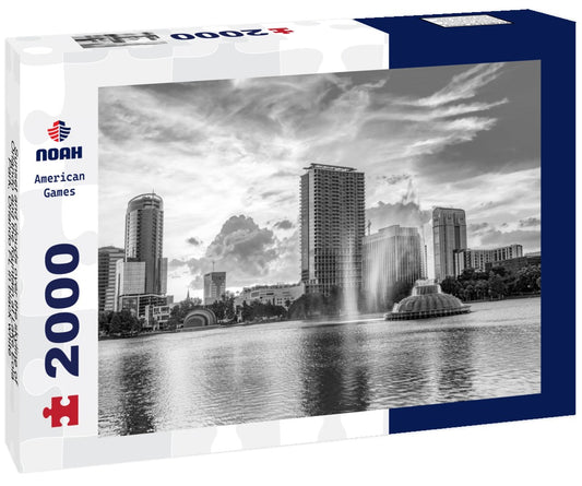Noah Jigsaw Puzzle Sunset and clouds over the skyline of Orlando and the fountain at Lake Eola Park, Orlando FL in black white 2000 pieces