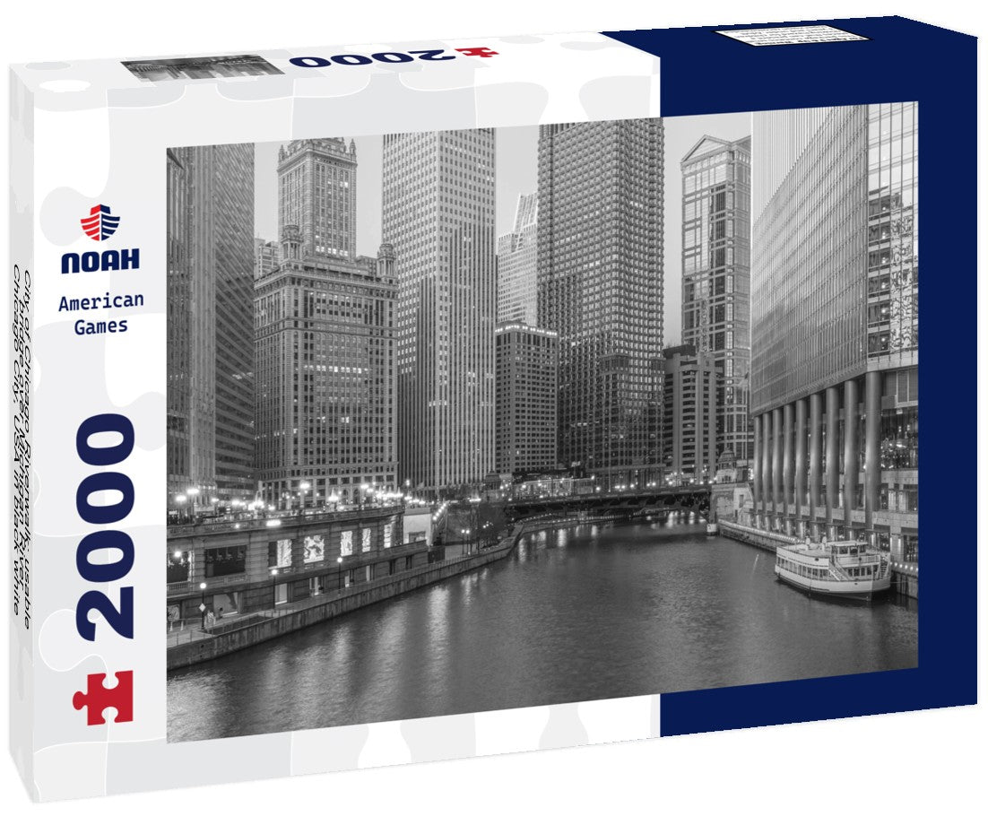 Noah Jigsaw Puzzle City of Chicago Riverwalk: usable bridge over Michigan River, Chicago City, USA in black white 2000 pieces