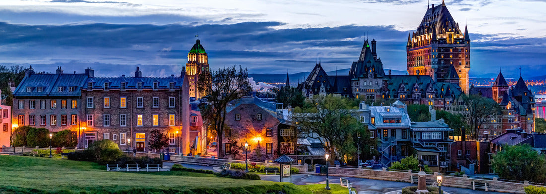 Noah Jigsaw Puzzle Cityscape or skyline of Chateau Frontenac, park and old town streets during sunset with illuminated castle and Saint Denis street buildings, panorama Panorama 1000 Pieces