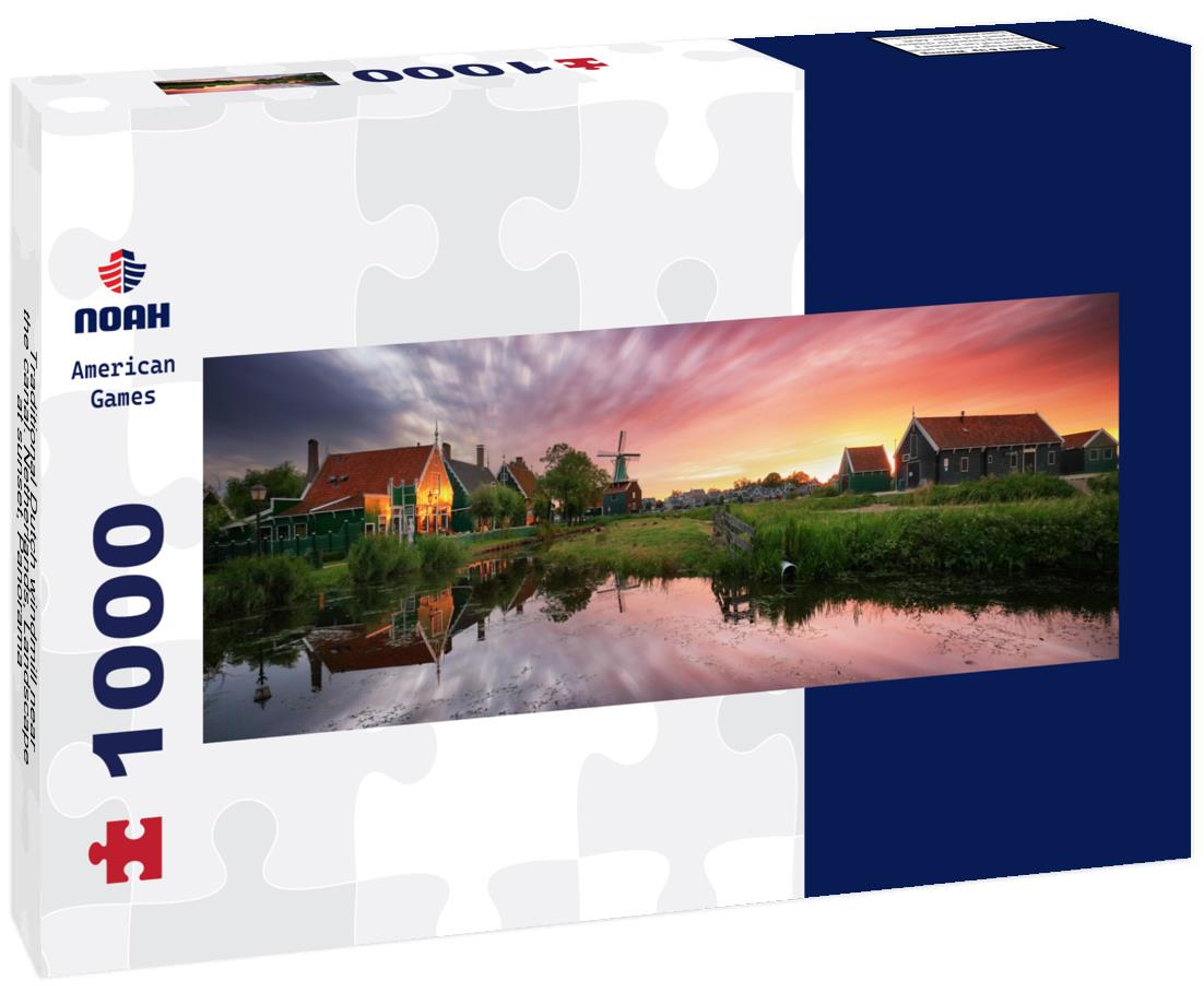 Noah Jigsaw Puzzle Traditional Dutch windmill near the canal. Netherlands, Landscape at sunset, Panorama Panorama 1000 Pieces