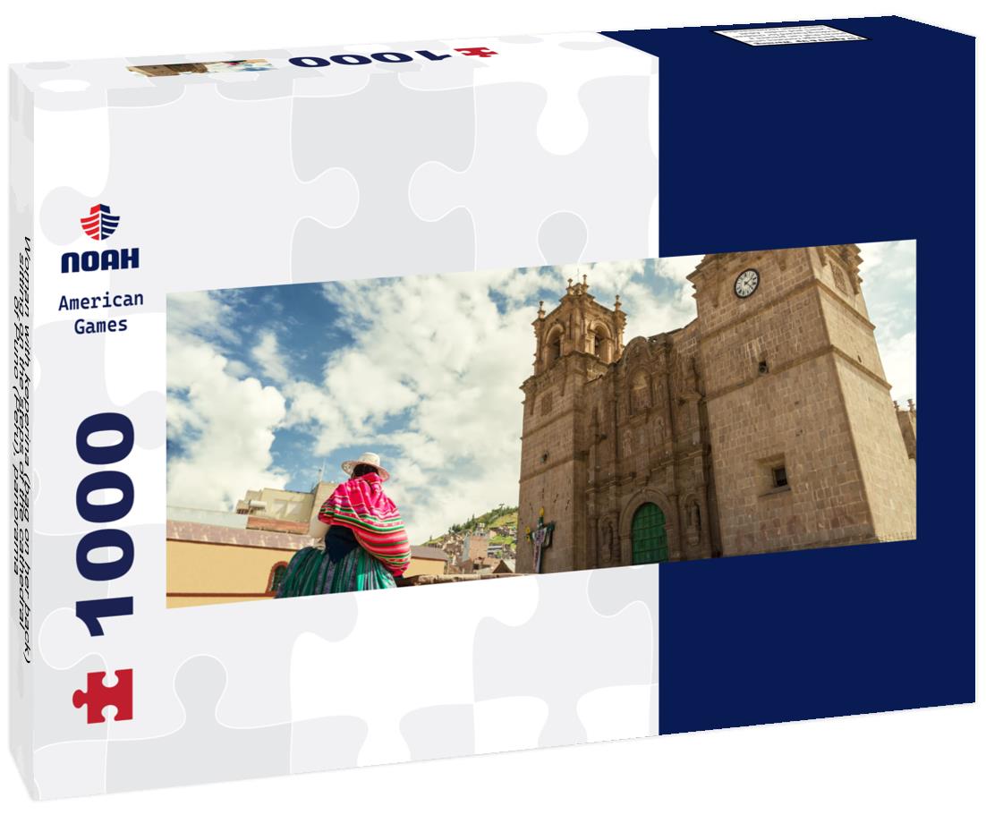 Noah Jigsaw Puzzle Woman with keperina (bag on her back) sitting on the steps of the cathedral of Puno (Peru), panorama Panorama 1000 Pieces
