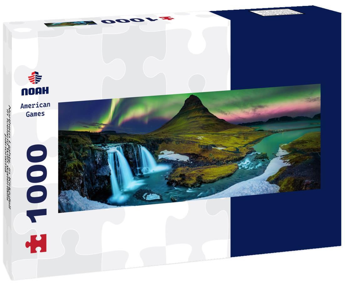 Noah Jigsaw Puzzle Northern Lights, in Kirkjufell in Iceland with waterfalls, panorama Panorama 1000 Pieces