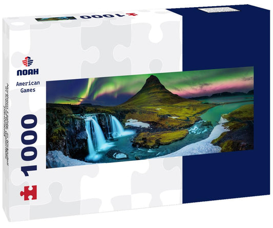 Noah Jigsaw Puzzle Northern Lights, in Kirkjufell in Iceland with waterfalls, panorama Panorama 1000 Pieces